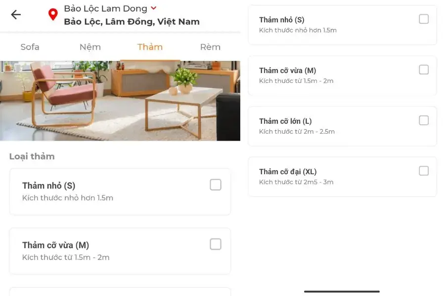Nhấn chọn vào mục Thảm trên thanh menu.