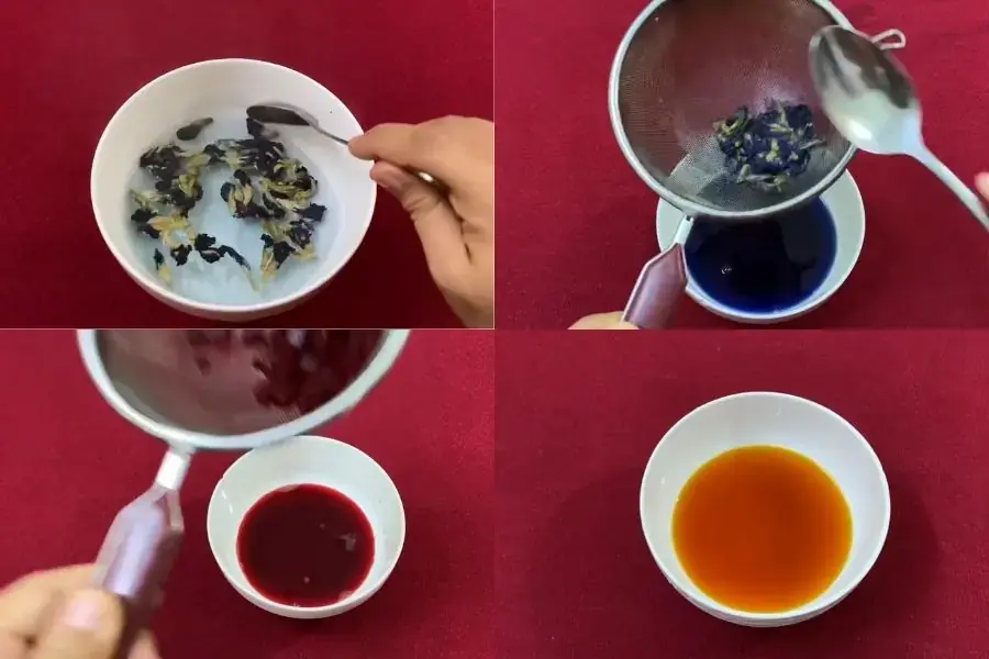 Công đoạn tạo màu từ hoa đậu biếc, củ dền, hoa dành dành khô