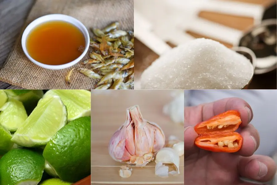 Nguyên liệu làm nước chấm bánh đúc mặn Nam Bộ gồm 1 muỗng nước mắm, nửa tỏi, vv…