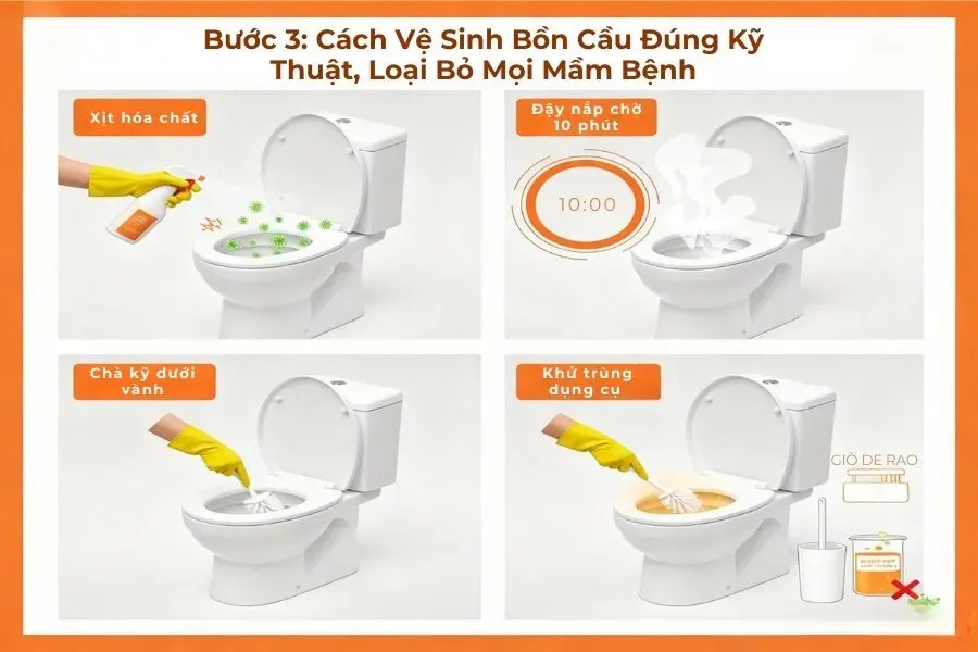 Vệ sinh bồn cầu đúng kỹ thuật.