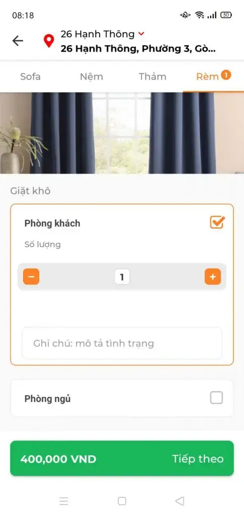 Chọn dịch vụ "Rèm" và đăng ký số lượng. hình thức giặt