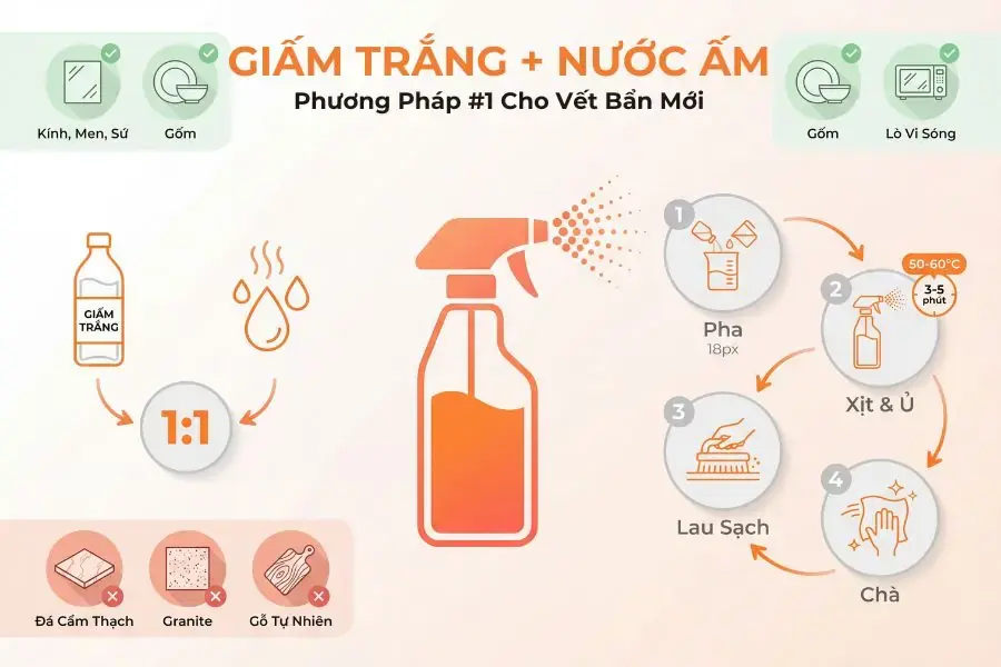 Hỗn hợp giấm trắng và nước ấm là giải pháp 'xanh' lý tưởng để loại bỏ các vết dầu mỡ mới bám trên kính và gạch men, trả lại vẻ sáng bóng mà không để lại vệt.