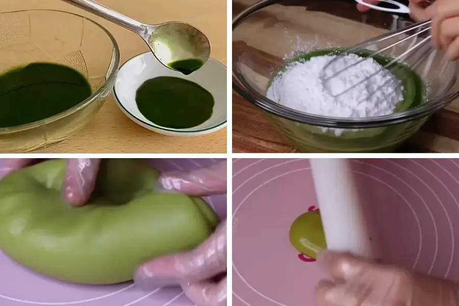 Pha và trộn bột làm vỏ bánh Trung Thu sữa dừa dẻo.