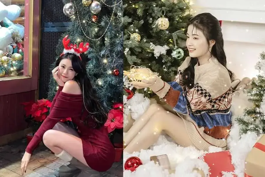 Chụp ảnh với cây thông Noel dáng ngồi điệu đà.