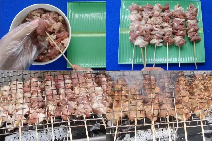 Công đoạn xiên thịt đã ướp vào que và nướng