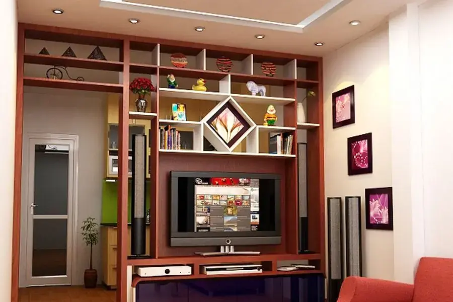 Kệ tivi kết hợp cùng tranh treo tường giúp tô điểm cho bức tường
