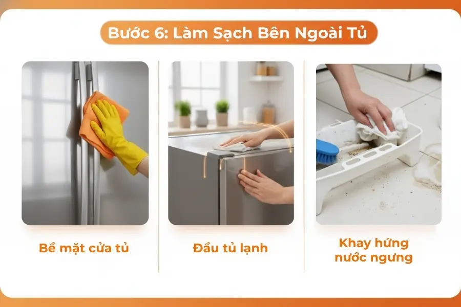 Lau sạch toàn bộ bề mặt bên ngoài tủ lạnh.
