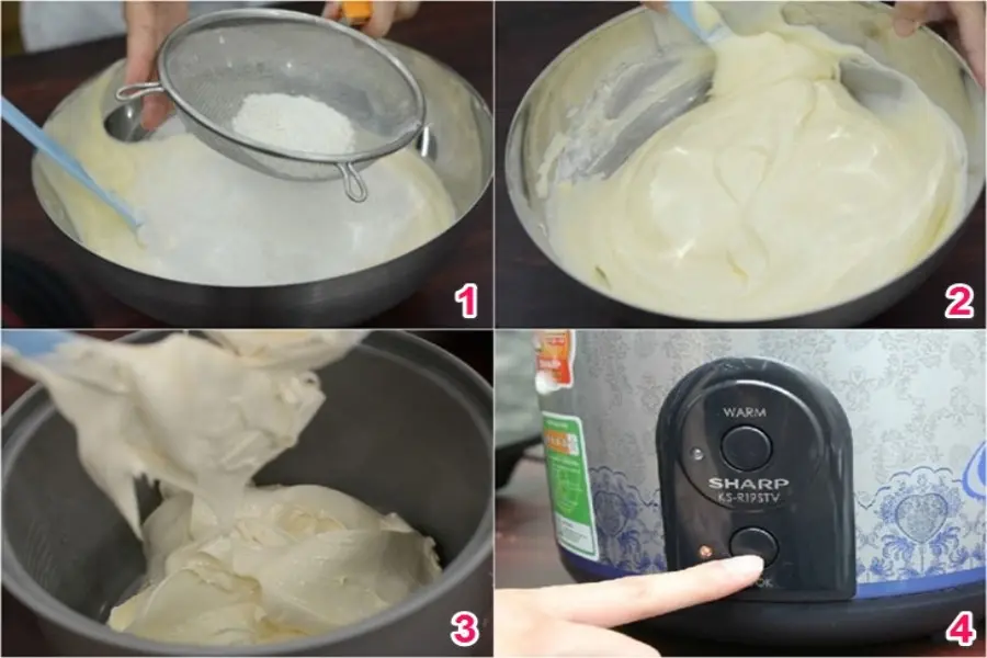Nướng bánh bông lan trứng muối bằng nồi cơm điện
1. Rây bột mịn
2. Trộn đều với trứng
3. Cho hỗn hợp vào nồi
4. Bấm nút Cook để nướng bánh