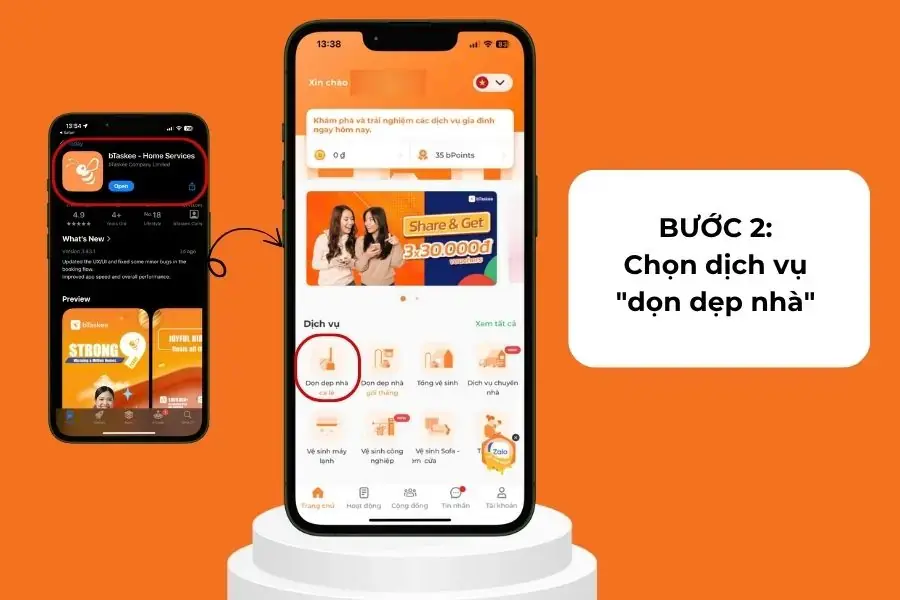 Chọn “dịch vụ dọn dẹp nhà” trên màn hình.