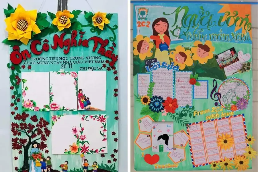 Mẫu báo tường 20 11 được sáng tạo bằng vải dạ đến từ Chi đội lớp 5A (trái) và tác phẩm “Người ươm những mầm xanh” đầy sáng tạo bởi lớp 2C2 (phải). 