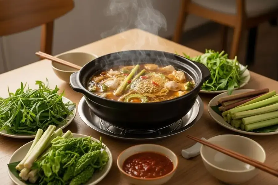 Nồi lẩu mắm miền Tây với các loại rau sông nước.