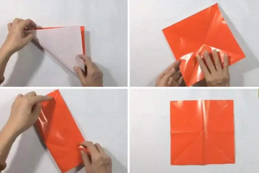 Gấp chéo sau đó gấp ngang tờ giấy.