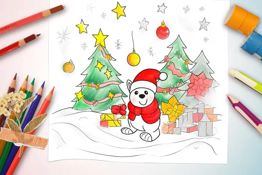 Dùng kết hợp cả bút chì màu và màu sáp để tô tranh Noel.