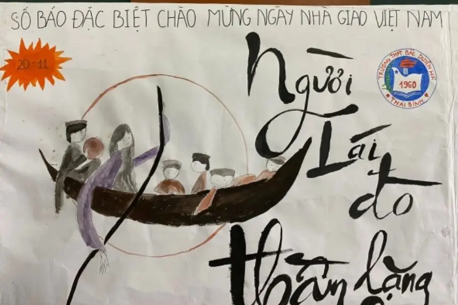 Mẫu trang trí báo tường 20 11 với hình ảnh người lái đò cùng dòng chữ thư pháp cổ điển.