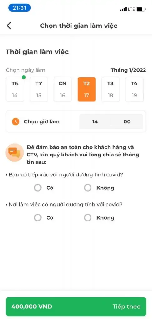 Chọn thời gian làm việc