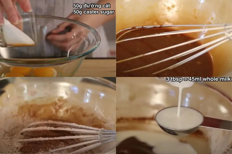 Rây socola và cacao vào hỗn hợp rồi khuấy đều.