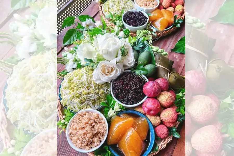 Mâm cúng Tết Đoan Dương với trái cây, hoa tươi và đồ chay