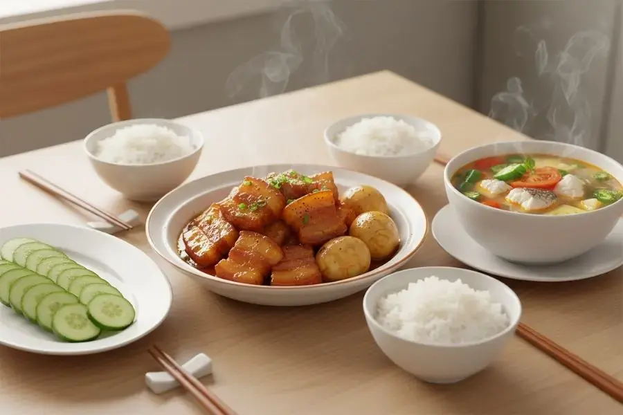 Thịt kho trứng - Dưa leo - Canh chua cá.