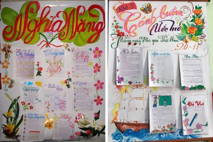 Mẫu trang trí báo tường kết hợp nhiều bông hoa sinh động (trái) cùng tác phẩm với sự kết hợp hài hòa giữa hoa - thuyền (phải).