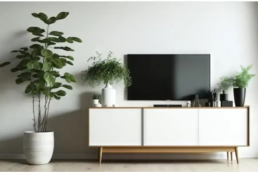 Nét tinh tế với cách trang trí cây xanh trên kệ TV