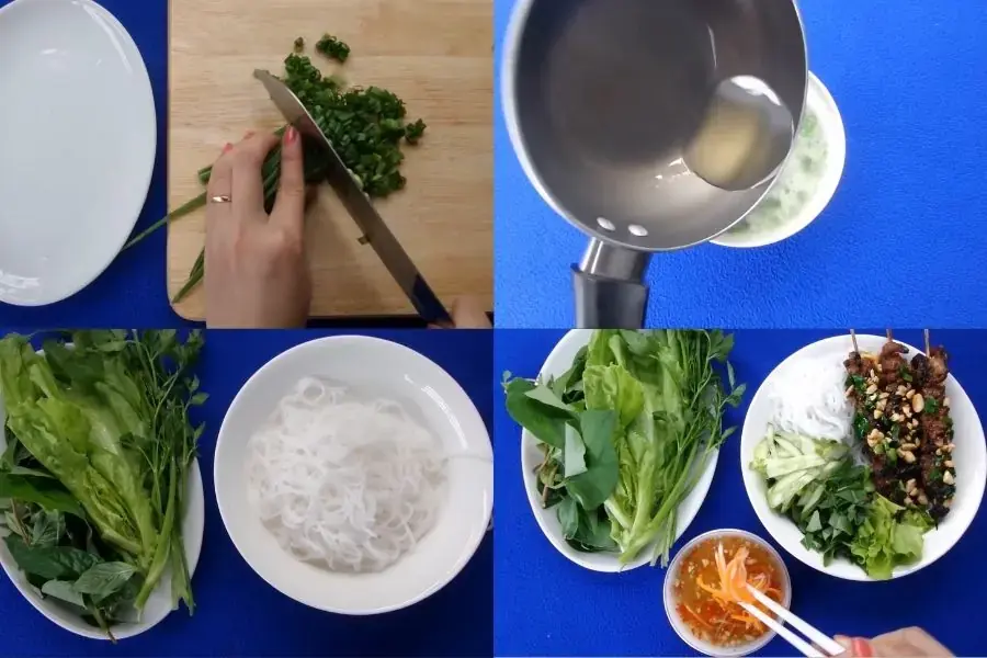Công đoạn làm mỡ hành và trình bày món bún thịt nướng