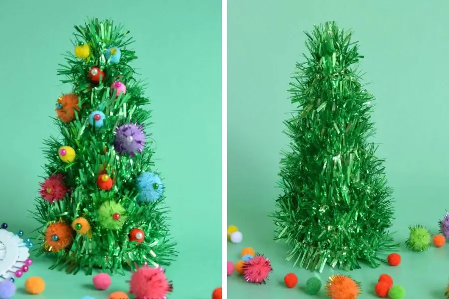 Làm cây thông noel bằng dây kim tuyến màu xanh lá bắt mắt.