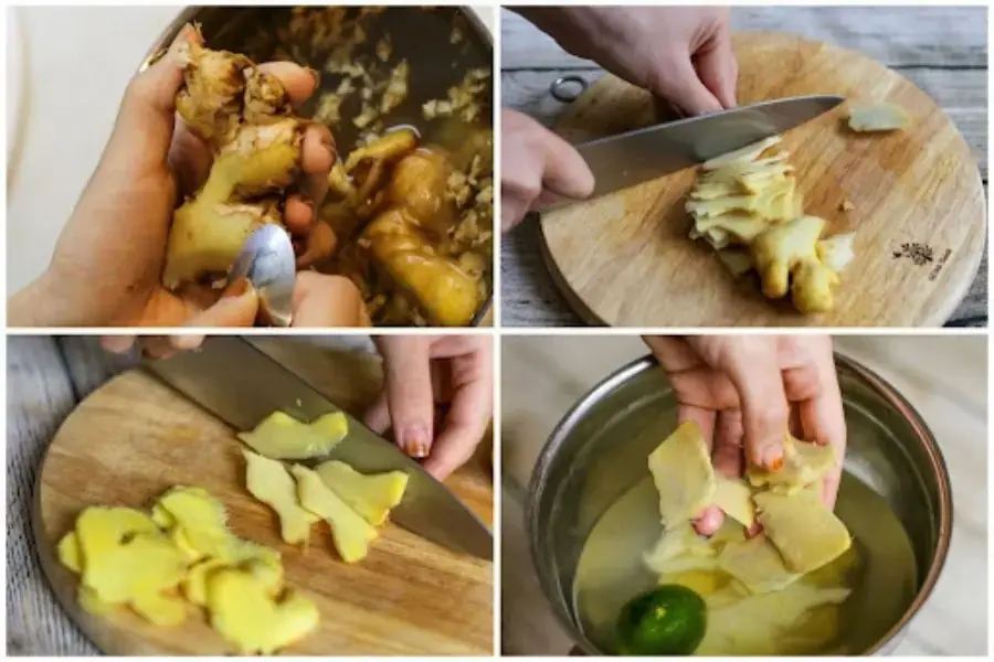 Cạo vỏ và thái lát gừng.