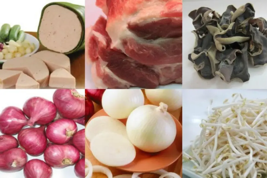 Nguyên liệu làm bánh cuốn: hành tây, hành tím, chả lụa, thịt xay, giá, nấm mèo,...