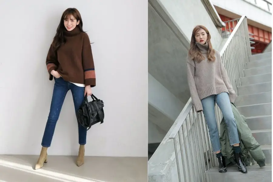 Quần jeans ống bó làm nổi bật đôi chân thon và dài.