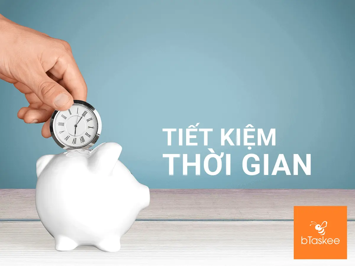 hình ảnh chú heo đất màu trắng với chiếc đồng hồ cùng dòng chữ tiết kiệm thời gian