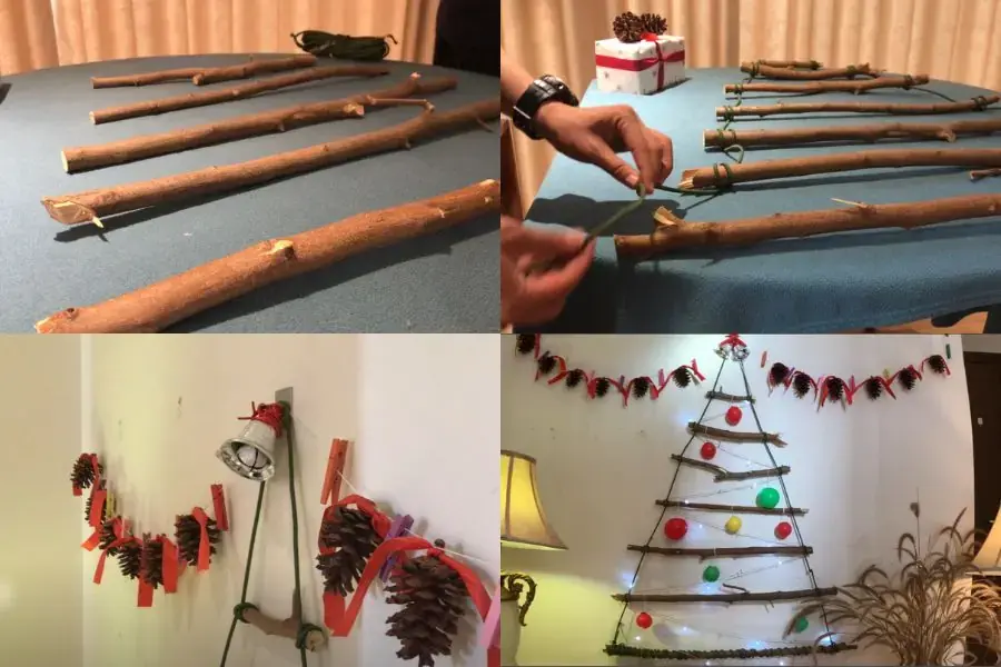 Hoàn thành cây thông Noel treo tường handmade bằng cành củi khô. 