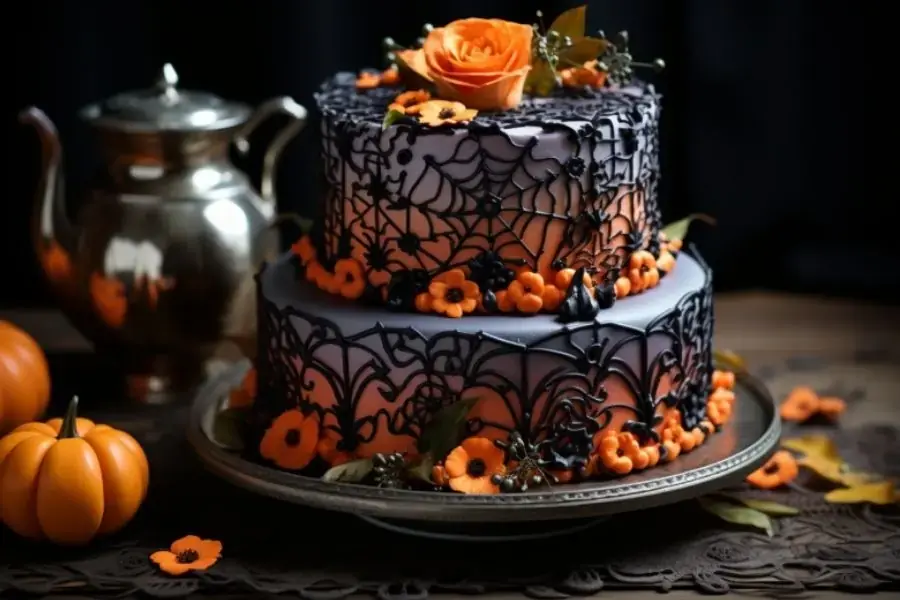 Bánh được trang trí ma mị với mạng nhện và màu đen-cam chủ đạo.