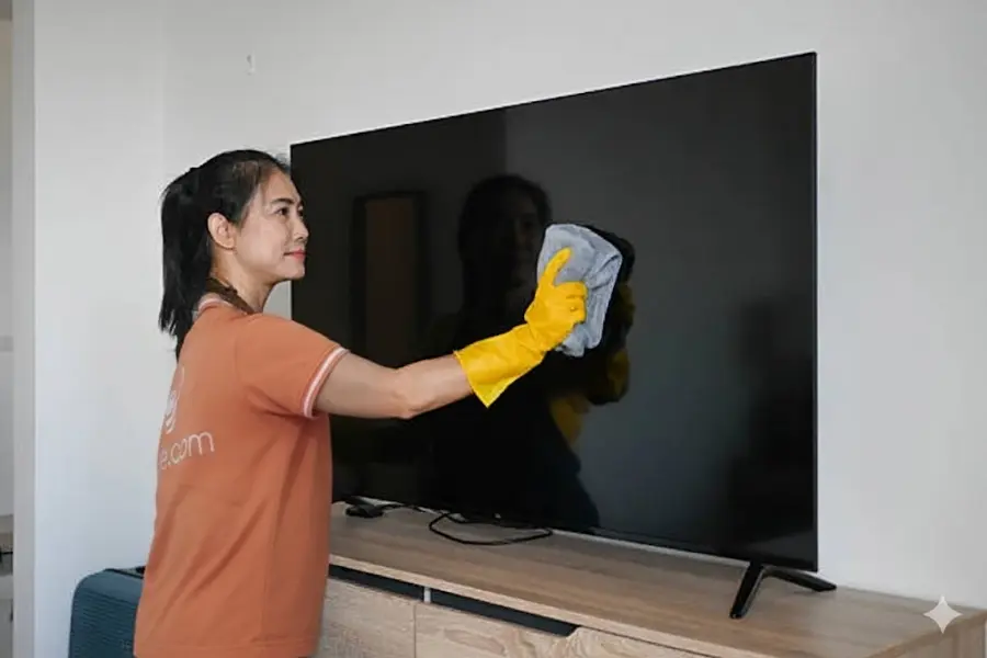 Sử dụng khăn mềm loại bỏ bụi trên bề mặt tivi.