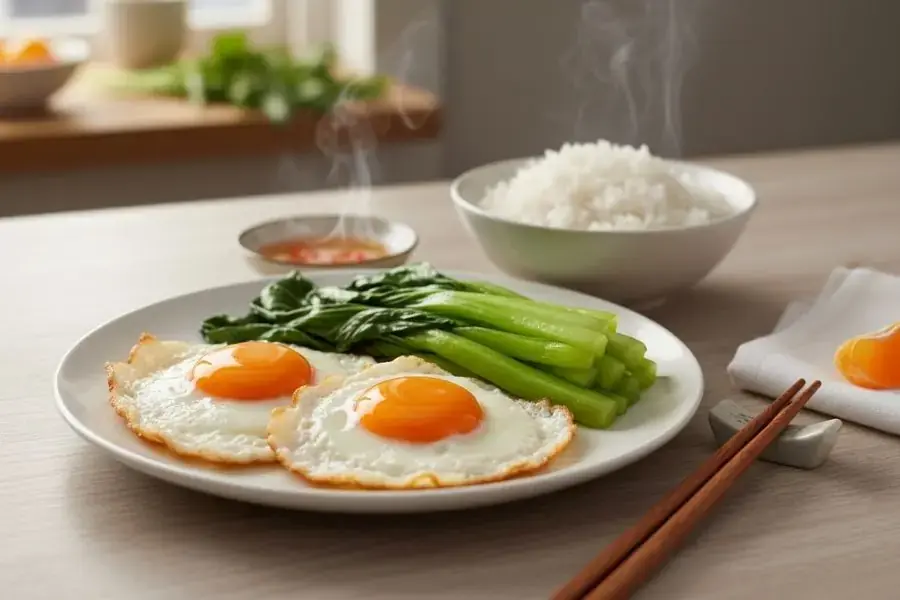 Bữa ăn sinh viên: Trứng chiên và rau luộc.