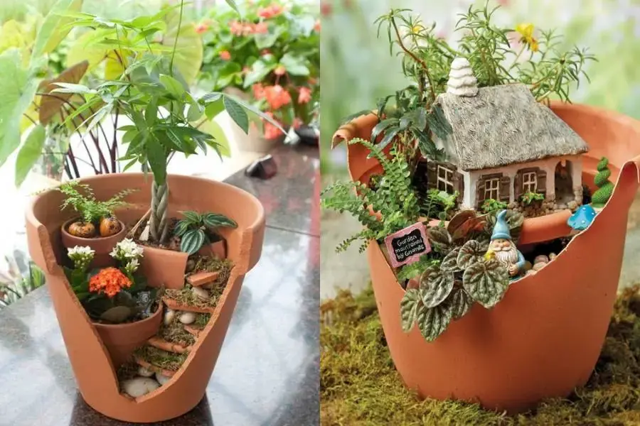 Tận dụng các mảnh vỡ chậu cảnh để làm thành một khu vườn cổ tích mini