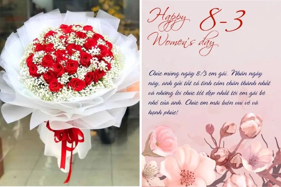 Hoa tươi và thiệp chúc mừng là món quà 8/3 cho vợ được ưa chuộng nhất.