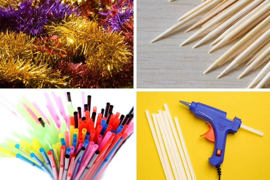 Nguyên liệu và dụng cụ làm cây thông Noel bằng dây kim tuyến và ống hút.