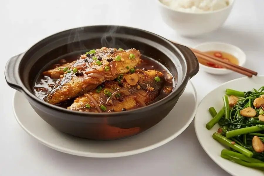 Cá rô đồng kho tộ và rau muống xào tỏi.