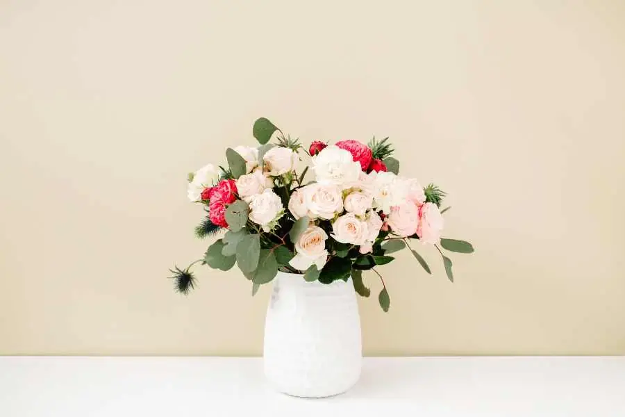 Kiểu cắm hoa hồng để bằng bằng bình sứ rẻ quạt sang trọng.