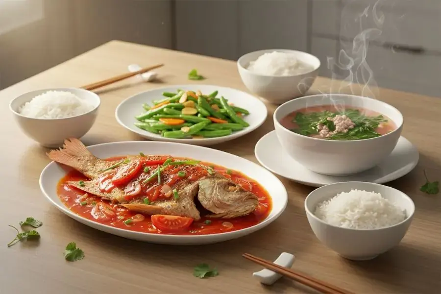 Cá diêu hồng sốt cà - Đậu que xào - Canh rau dền.