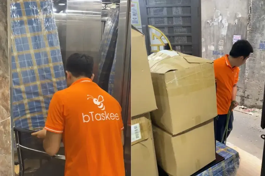 Nhân viên bTaskee vận chuyển đồ đạc đã được đóng gói lên xe tải. 