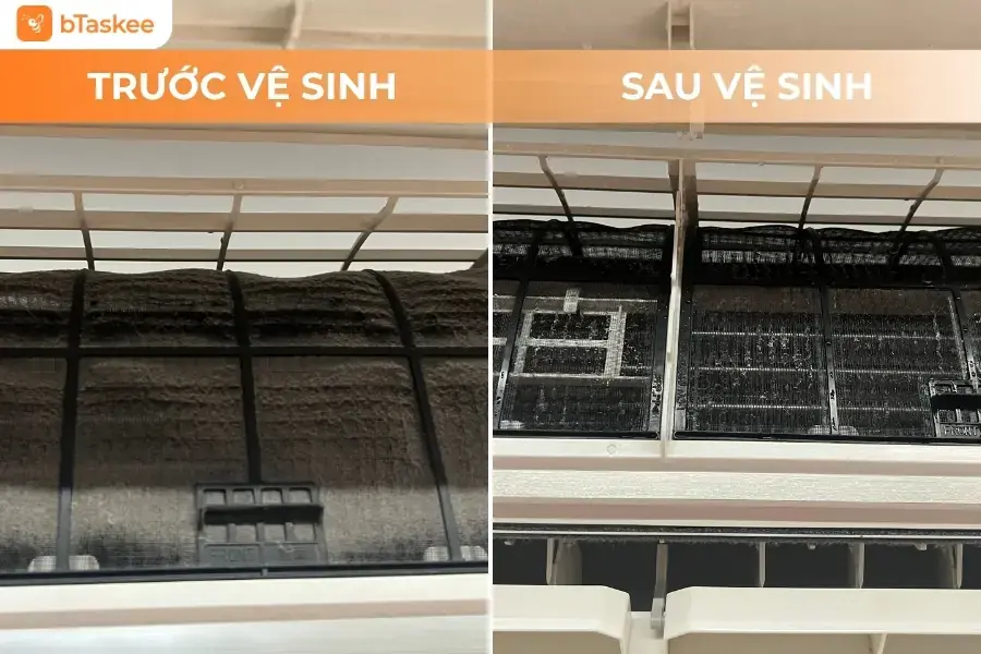 Hình ảnh lưới lọc máy lạnh trước và sau khi Tasker bTaskee vệ sinh.