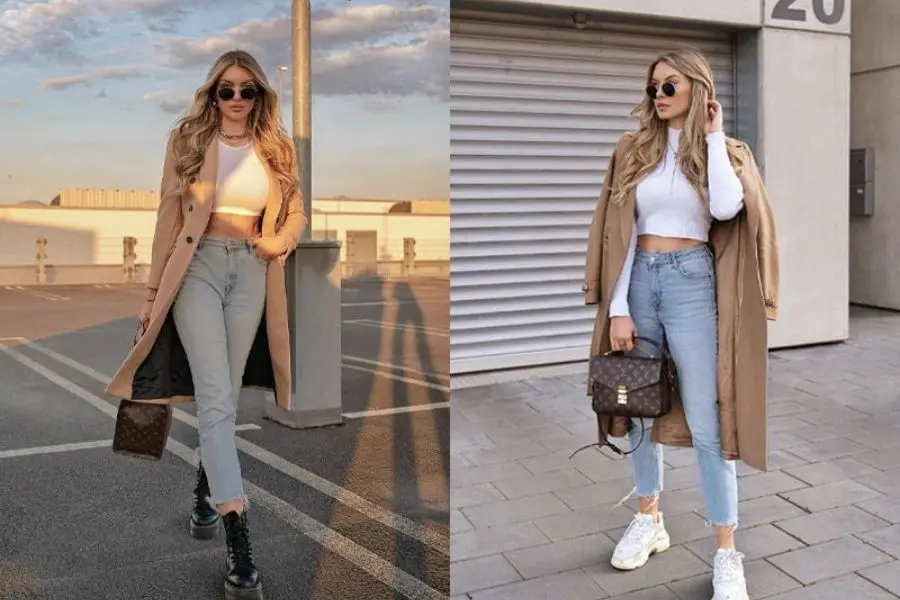 Quần jeans kết hợp cùng áo măng tô và croptop.