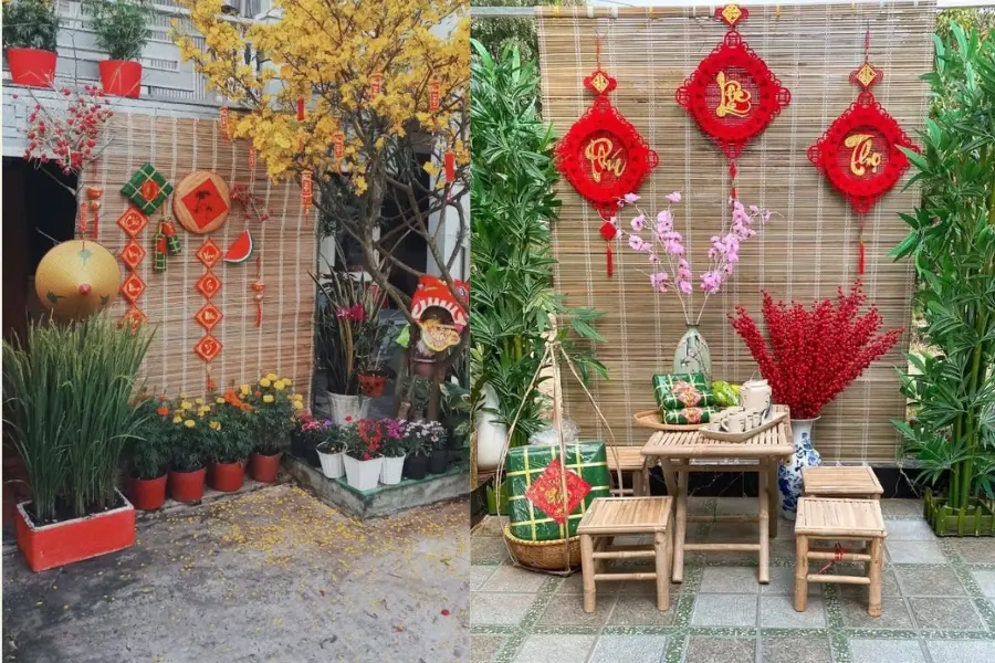 Tiểu cảnh ngày Tết trước cổng nhà.