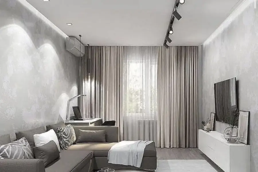 Phối tường màu trắng với rèm cửa màu xám