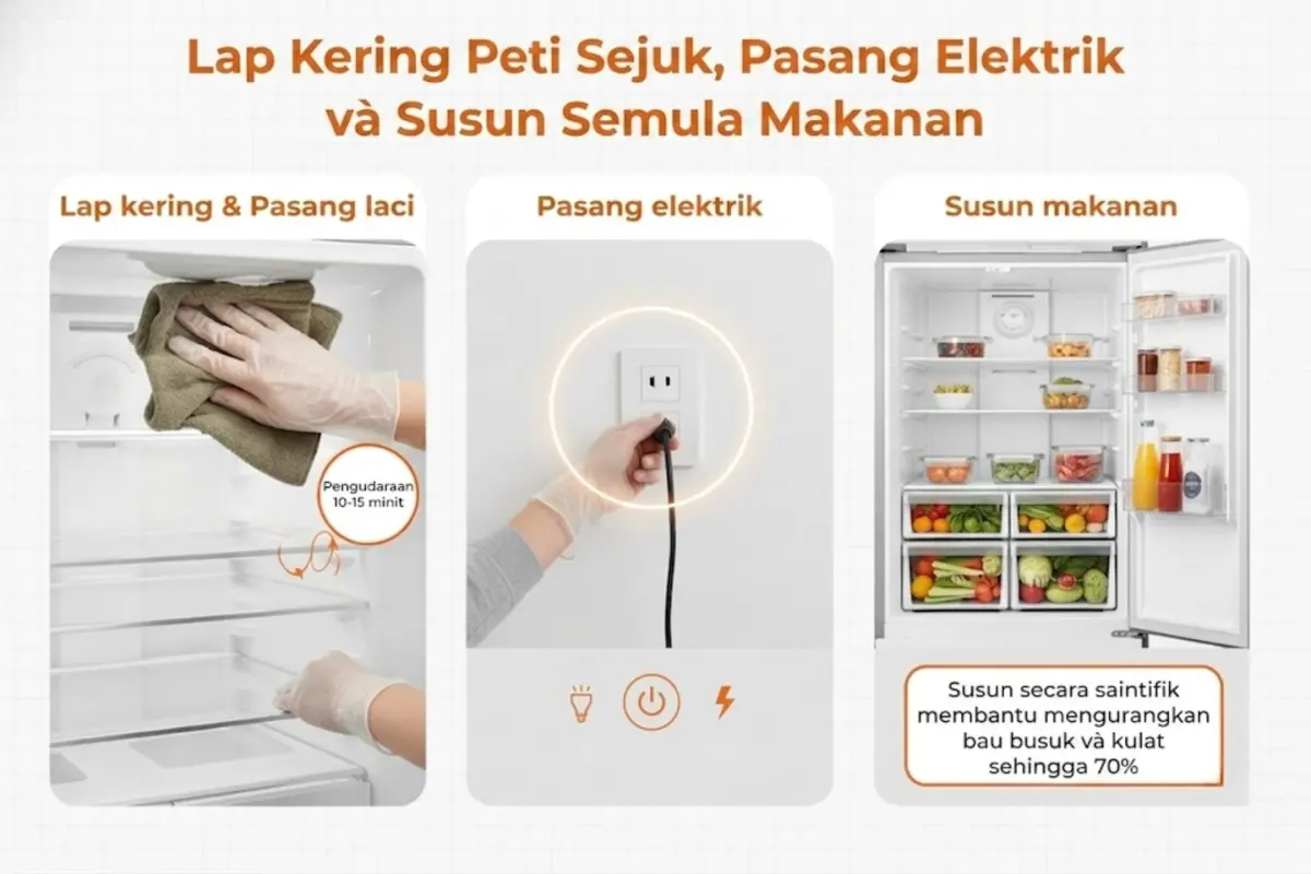 Lap hingga kering, sambungkan semula elektrik, susun kembali makanan dan selesaikan proses pembersihan.