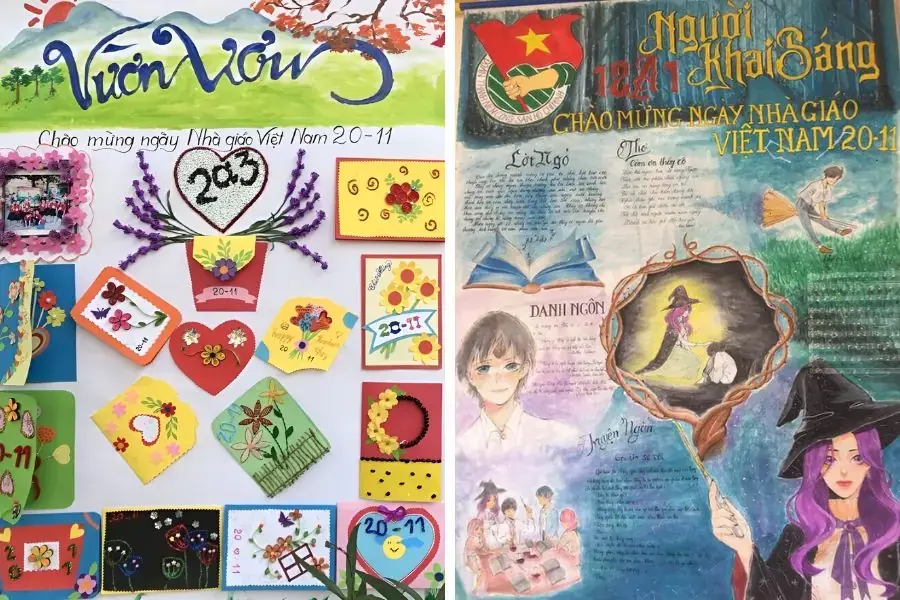Mẫu báo tường 20 11 được cắt xé thủ công sáng tạo (trái) và sản phẩm của tập thể lớp 12A1 chủ đề “Người khai sáng” với những nét vẽ nghệ thuật (phải).