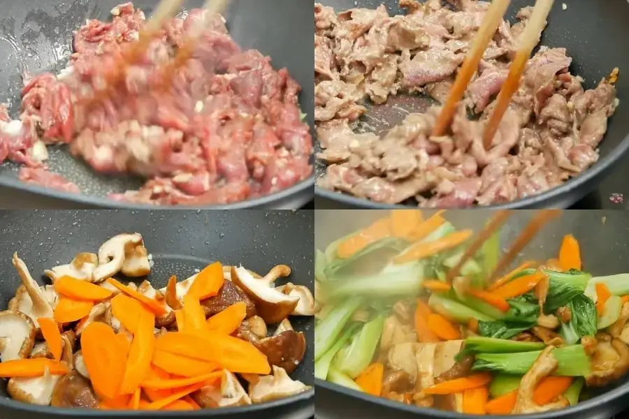 Công đoạn xào thịt bò và rau củ quả