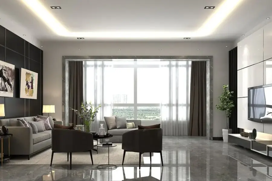 Trang trí phòng khách nhà vuông ấm cúng với gam màu trắng- xám