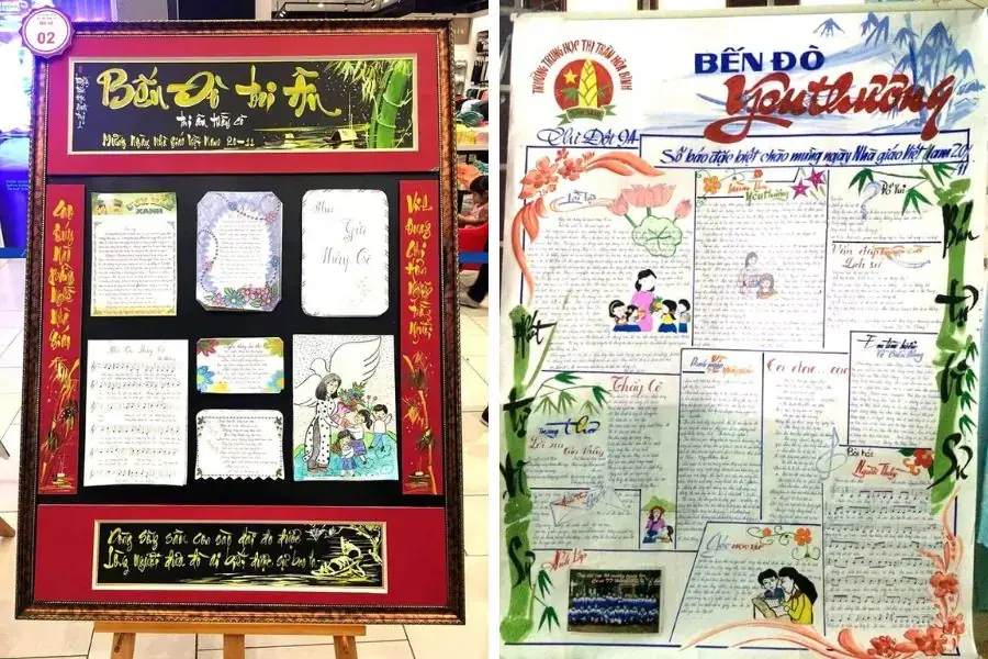 Mẫu báo tường “Bến đò tri thức” chữ thư pháp hoài cổ được đóng khung trang trọng và bắt mắt (trái) và tác phẩm “Bến đò yêu thương” với những bài hát, bức thư cảm xúc (phải). 